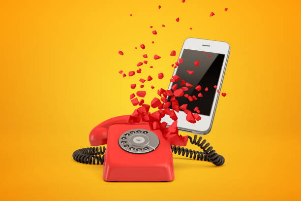 3d rendering of red wireline phone breaking in pieces and white modern smartphone behind it on amber background. Then and Now. Ways of communication. Technology is advancing all the time.